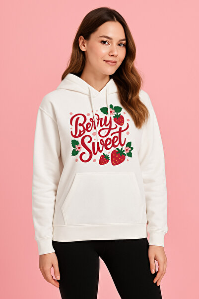 ocke Berry Sweet Printed White Unisex Kangaroo Pocket Hoodie