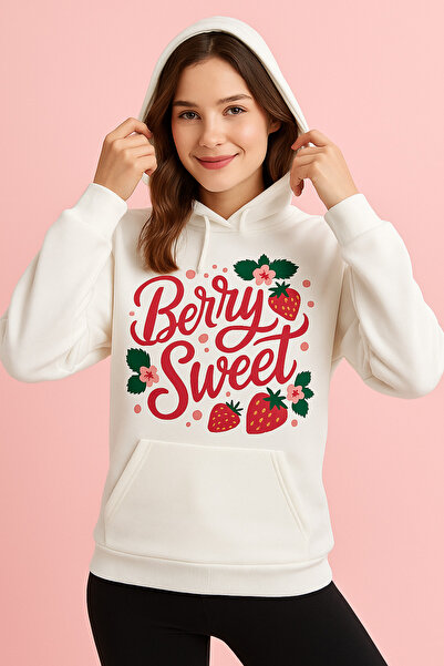 ocke Berry Sweet Printed White Unisex Kangaroo Pocket Hoodie