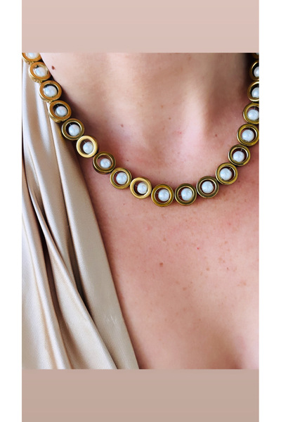 By Song Aksesuar Cam incili hematit halka kolye