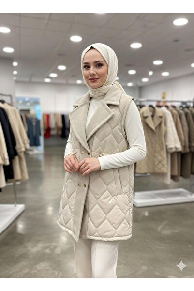 QUMRU Petek Desenli Kadın Ekru Kapitone Yelek