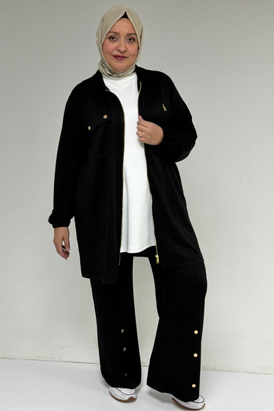 Eslina 57040 Plus Size Zipper Detailed Modal Double Suit - Black