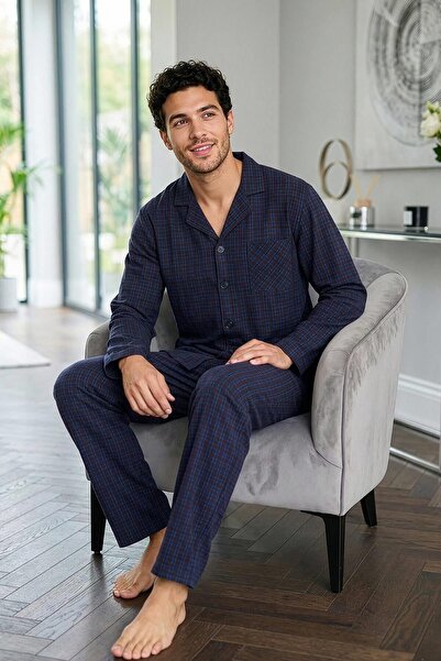Pijamaevi Navy Blue White Plaid Patterned Front Buttoned Elegant Men's Pajama Set
