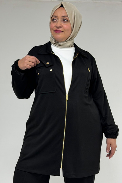 Eslina 57040 Plus Size Zipper Detailed Modal Double Suit - Black