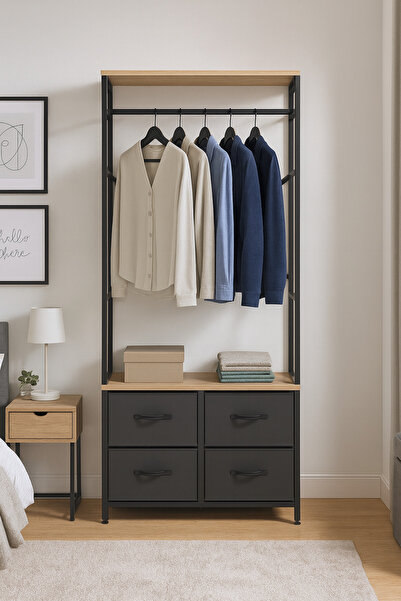 miyuhome Metal Raflı Elbise Askılığı Yatak Odası Deri 4 Çekmeceli Askılık Por...