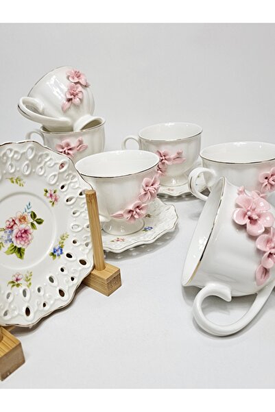 Casalina White ceramic cup and saucer set with 3D pink flowers, 12 pieces