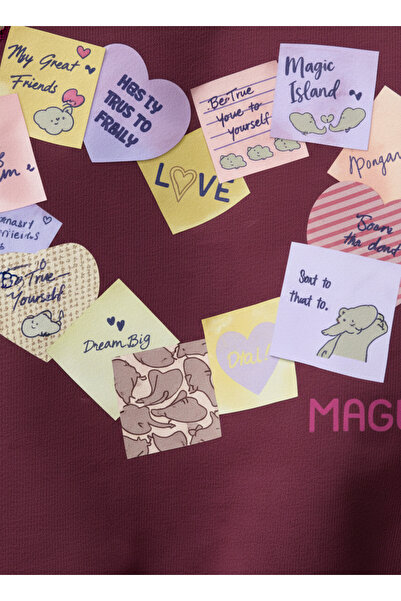 Magu Girl's Cotton Burgundy Heart Printed Sweatshirt Tracksuit Set