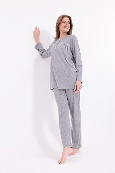 BLACKMORE Women's Gray Plus Size Cotton Button down Pajama Set