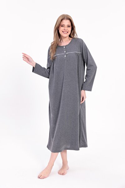 BLACKMORE Women's Anthracite Plus Size Cotton Buttoned Long Nightgown