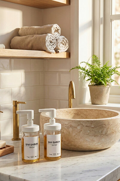 IKEA Tackan 2 Adet Cam Sıvı Sabunluk (200 ml) + Suya Dayanıklı "Sıvı Sabun" Etiketi Hediyeli