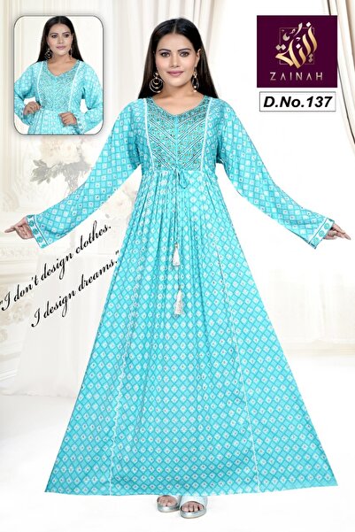 Zainah Premium Embroidered Jallabiya / Kaftan Maxi Dress | Adjustable Drawstring Chest & Geometric Print