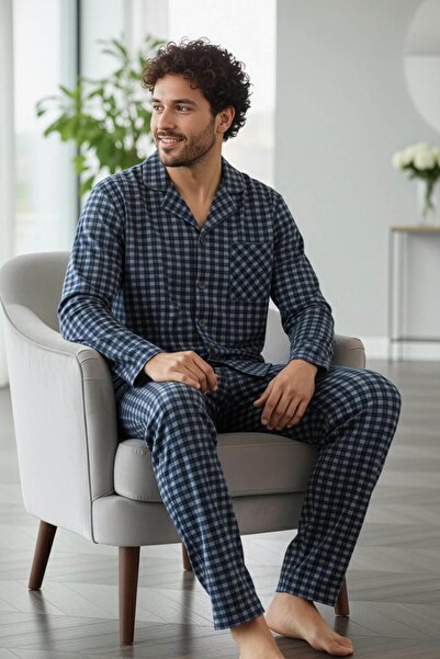 Pijamaevi Navy Blue Gray Plaid Patterned Front Buttoned Elegant Men's Pajama Set