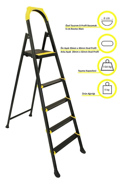 Genel Markalar Siyah Katlanır Merdiven 4+1 Basamak Kaydırmaz Ayaklı