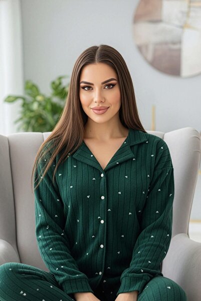 Pijamaevi Green Wick Heart Patterned Front Buttoned Plush Fleece Pajama Set