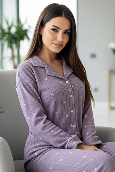 Pijamaevi Lilac Star Patterned Front Buttoned Plush Fleece Pajama Set