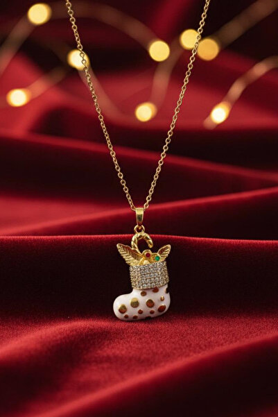 Jaida Moda Women's Gold Color White Socks Figured Zircon Stone Steel Christmas Necklace