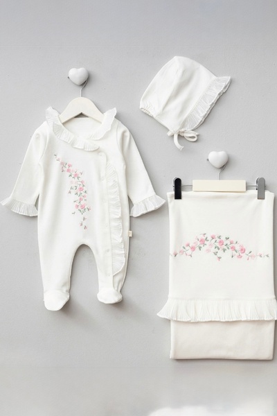 Cherub Baby Tiny Floral Embroidered Pleated 100% Cotton Blanket Romper Set Pugi Newborn Baby Set Organic Luxury