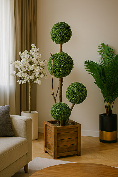 SAKLI ATÖLYEM Yapay Şimşir Ağaç 170 cm 4 Gövdeli Doğal Ahşap Saksılı