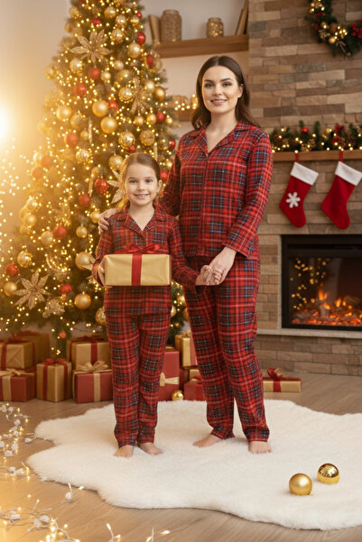 ELİTOL Red Plaid Pattern Suede Buttoned Mother-Daughter Pajama Set