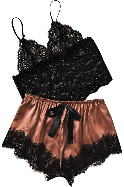 NALACAL طقم لانجري نسائي من الساتان والدانتيل مع فيونكة وأشرطة رفيعة (M)