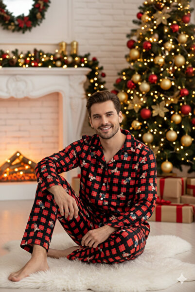 ELİTOL Teddy Bear Pattern Suede Buttoned Men's Pajama Set