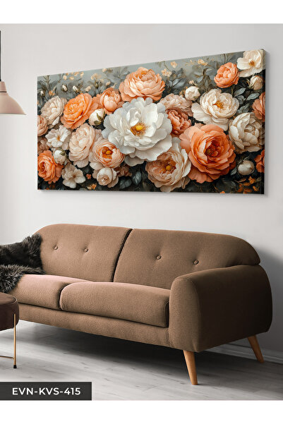 Evinemoda Beyaz ve Turuncu Çiçekler Tek Parça Kanvas - Canvas Tablo