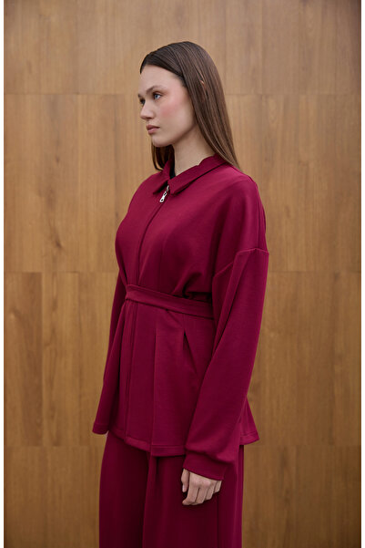 Birgül Bektaş Burgundy Glow Pile Detailed Zippered Sweatshirt