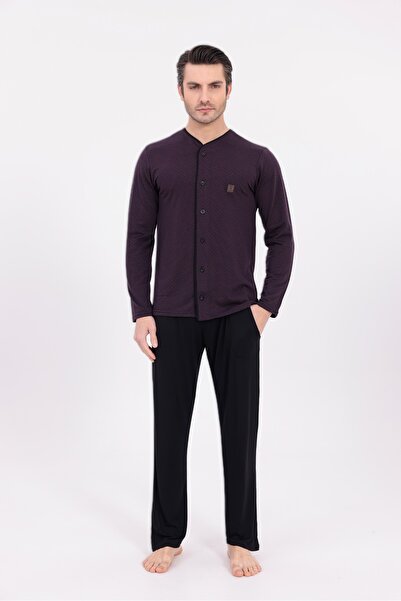 BLACKMORE Men's Plum Front Buttoned Jacquard Long Sleeve Cotton Pajama Set