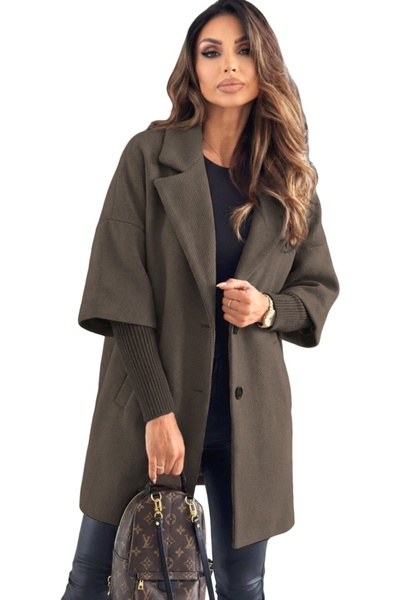 FashionForYou Katiuska oversized coat, overlapping panel sleeves, knit and lapels, Dark Beige, Size S/M/L