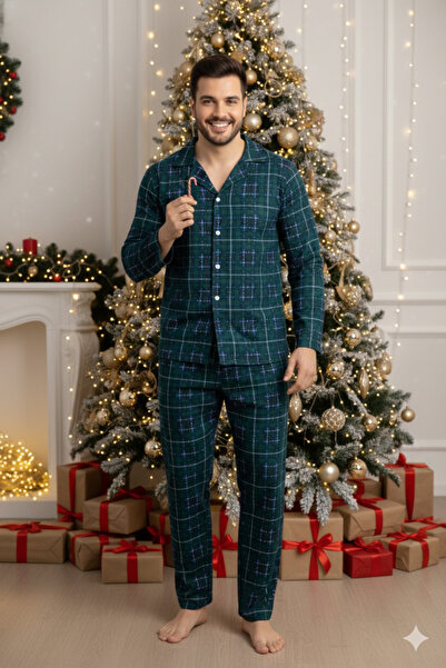 ELİTOL Green Plaid Pattern Suede Buttoned Men's Pajama Set