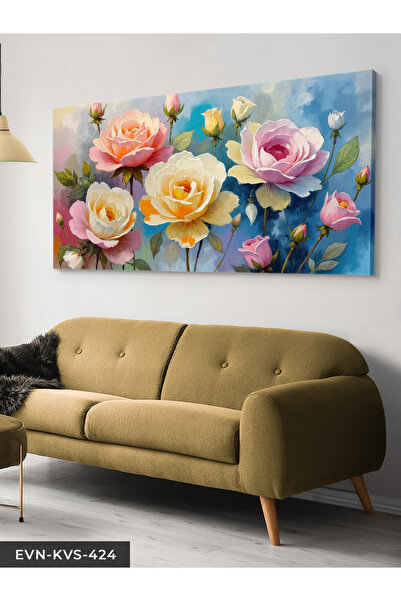 Evinemoda Sulu Boya Görünümlü Sarı ve Pembe Çiçek Tek Parça Kanvas - Canvas T...