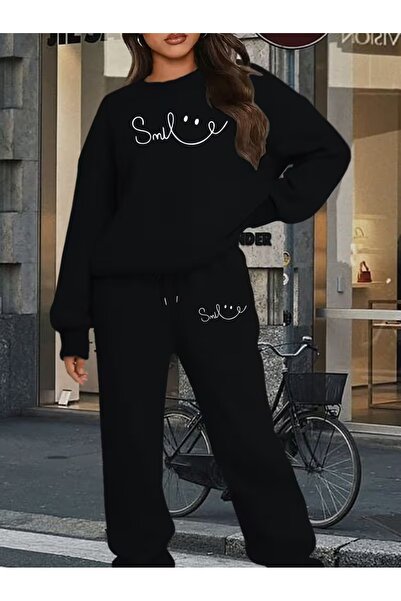 WOODROFFE Smile cu imprimeu guler rotund Set de trening pentru femei, negru, ...