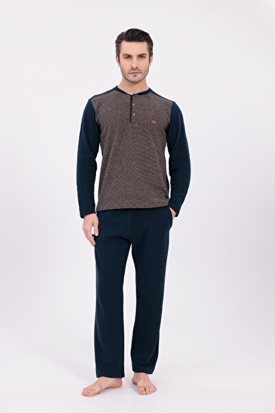BLACKMORE Men's Brown Jacquard Long Sleeve Cotton Pajama Set