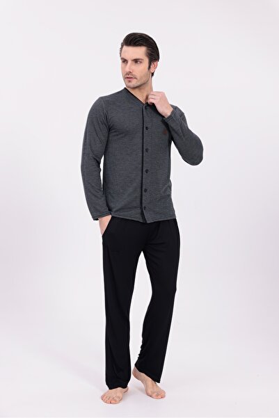 BLACKMORE Men's Anthracite Front Buttoned Jacquard Long Sleeve Cotton Pajama Set