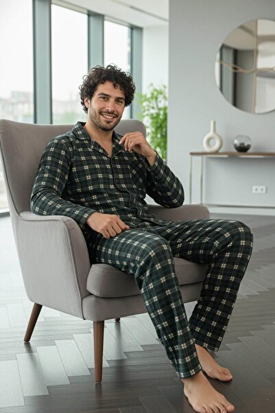 Pijamaevi Black Salmon Plaid Patterned Front Buttoned Elegant Men's Pajama Set
