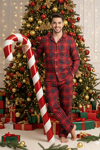 ELİTOL Red Plaid Pattern Suede Buttoned Men's Pajama Set