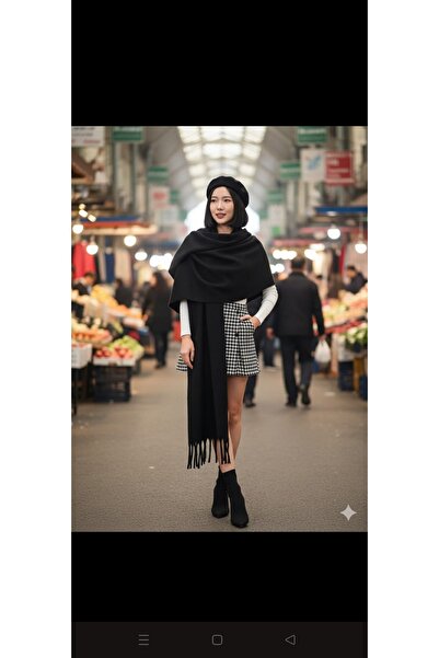 Kervan Pazar Women's Black Tassel Wide Shoulder Shawl-Scarf