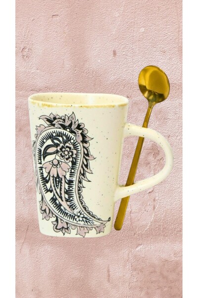 Home Meloria Ceramic Embossed Patterned Mug with Spoon 280 ml