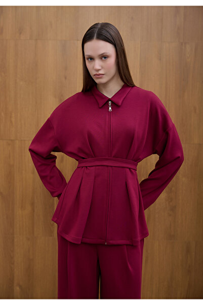 Birgül Bektaş Burgundy Glow Pile Detailed Zippered Sweatshirt