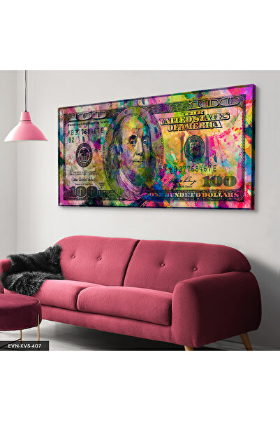 Evinemoda Renkli 100 Dolar Tek Parça Kanvas - Canvas Tablo