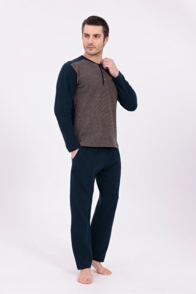 BLACKMORE Men's Brown Jacquard Long Sleeve Cotton Pajama Set