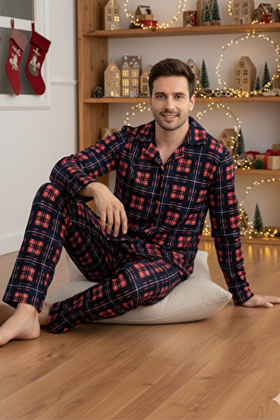 ELİTOL Navy Blue Plaid Pattern Suede Buttoned Men's Pajama Set