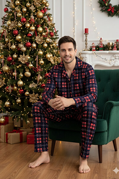 ELİTOL Navy Blue Plaid Pattern Suede Buttoned Men's Pajama Set