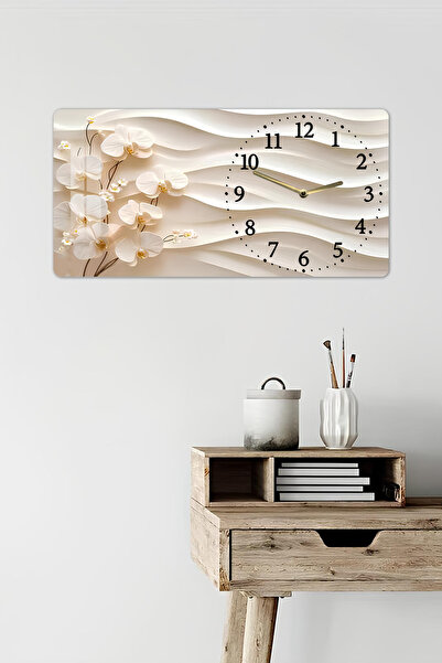 kutuTR 3D Görünümlü 2D UV Baskı Yatay Temperli Cam Saat Tablo 60x30 Cm–Beyaz Orkide ve Dalga Deseni-YSG018