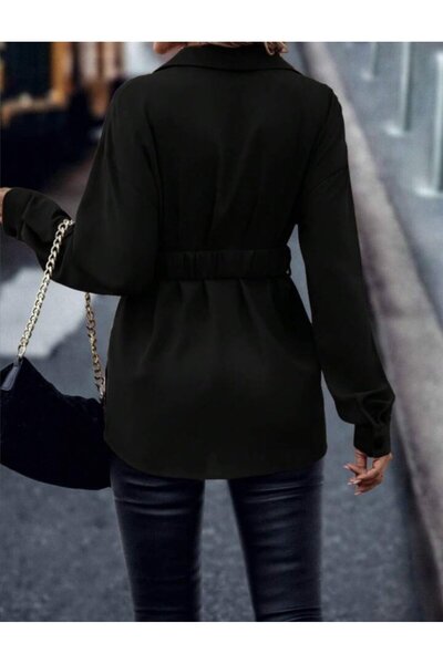 KentselBazaar Vibe Unico Women's Long Sleeve Collared Front Buttoned Imported Crepe Blouse with Waist Belt