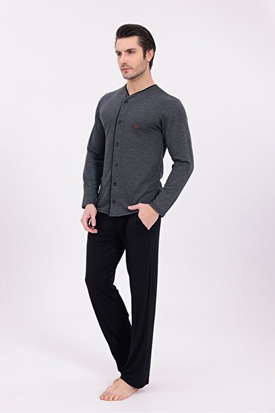 BLACKMORE Men's Anthracite Front Buttoned Jacquard Long Sleeve Cotton Pajama Set