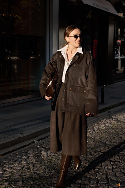 My Blog Καφέ βελούδινο παλτό με λεπτομέρεια με γιακά - 5132