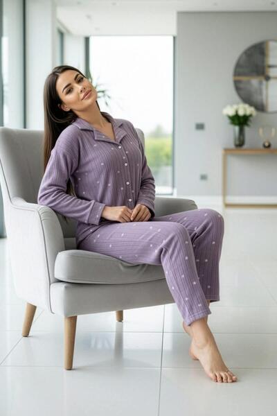 Pijamaevi Lilac Star Patterned Front Buttoned Plush Fleece Pajama Set
