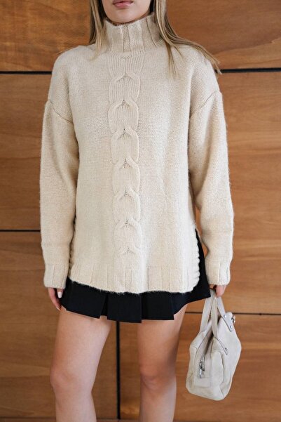 GİYSİ DÜNYASI 57 Triko Fabric Fishbone Collar Baklava Patterned Knitting Detail Long Sleeve Sweater