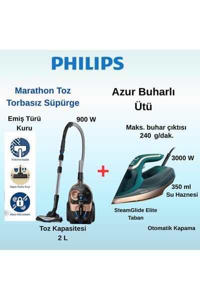 Philips Marathon 900 W Toz Torbasız Süpürge+PHILIPS Azur Buharlı Ütü HEDİYE