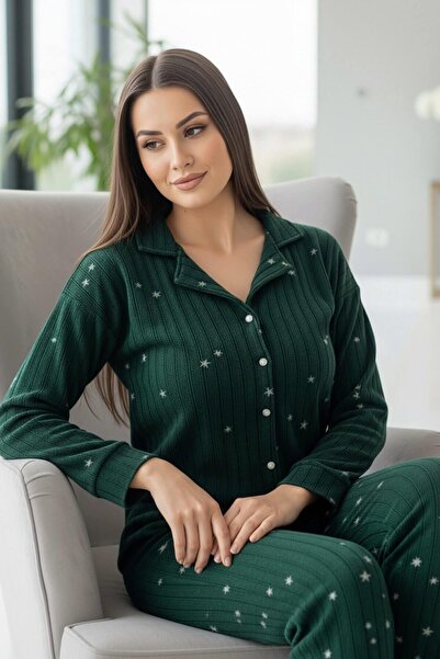 Pijamaevi Green Star Patterned Front Buttoned Plush Fleece Pajama Set